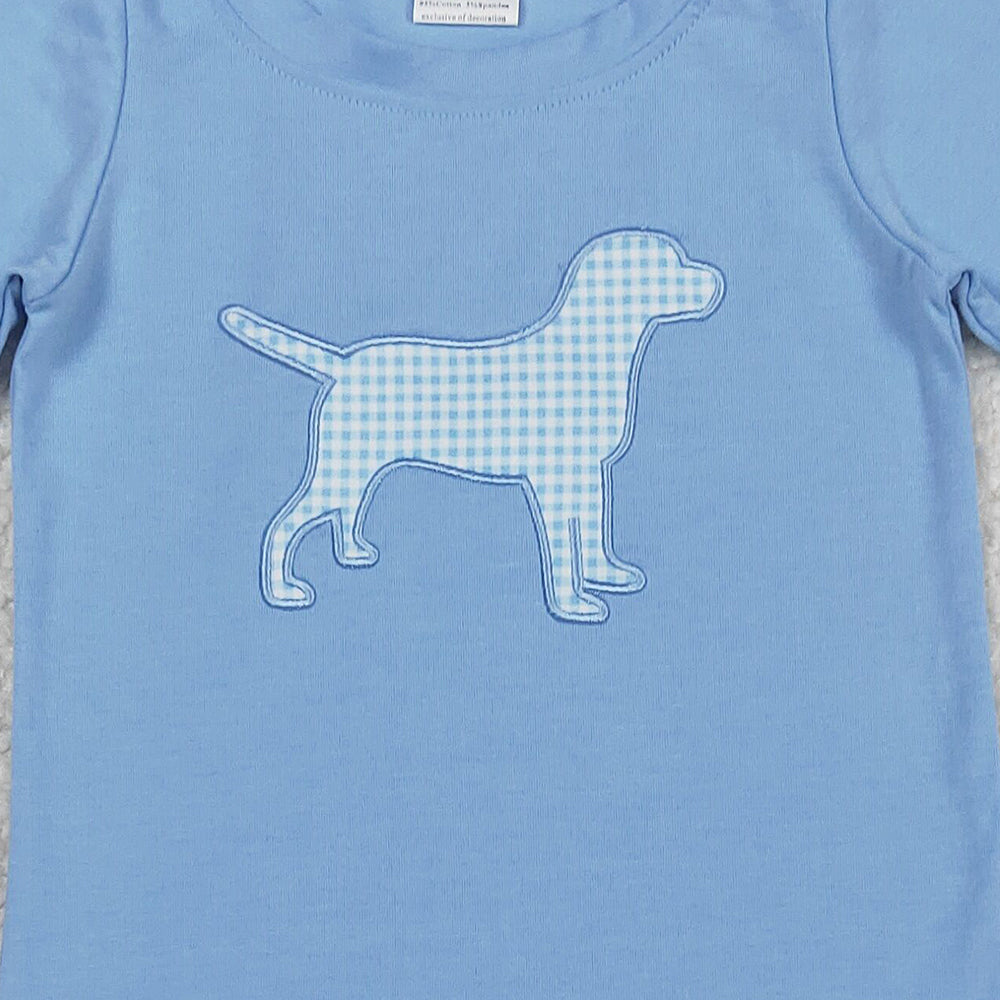 RTS NO MOQ （In stock）GBO0470 Baby Girls Summer Outfits Embroidery Dog Baby Boys Blue Shirts Top Bummies Clothes Sets