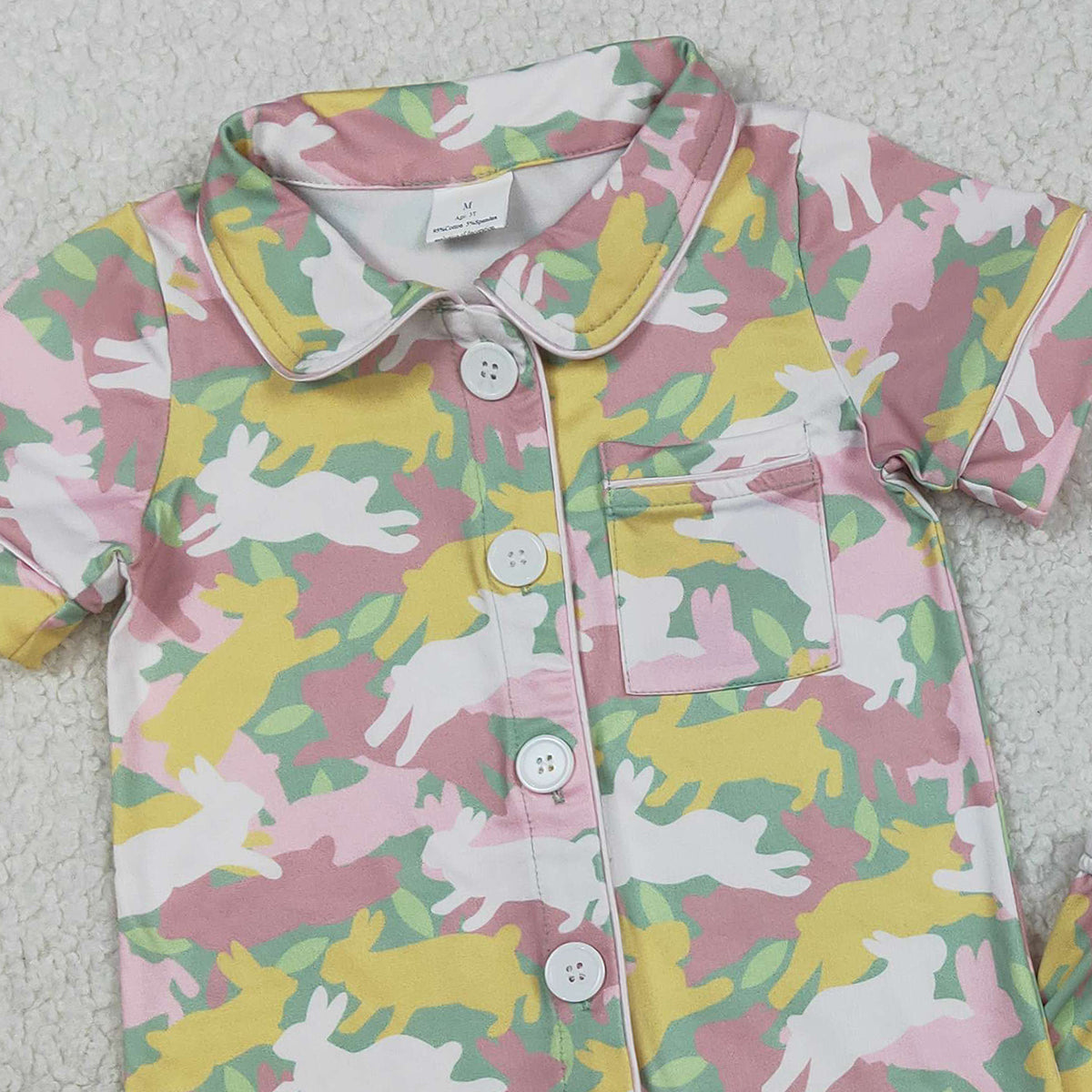 1.24 RTS NO MOQ （In stock）GSSO2972 Baby Girls Rabbits Camo Button Pocket Top Shorts Easter Pajamas Sets