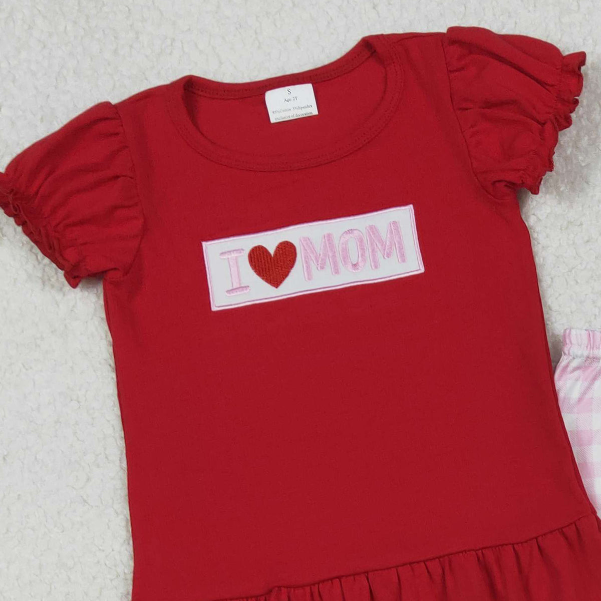 10.27 RTS NO MOQ （In stock）GSPO2071 Embroidery I Love Mom Baby Girls Shirts Checked Ruffle Pants Clothes Sets