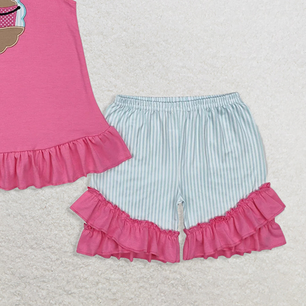 GSSO1785RTS NO MOQ Baby Girls Summer Outfits Baby Girls Pink Beach Tunic Ruffle Shorts Clothes Sets