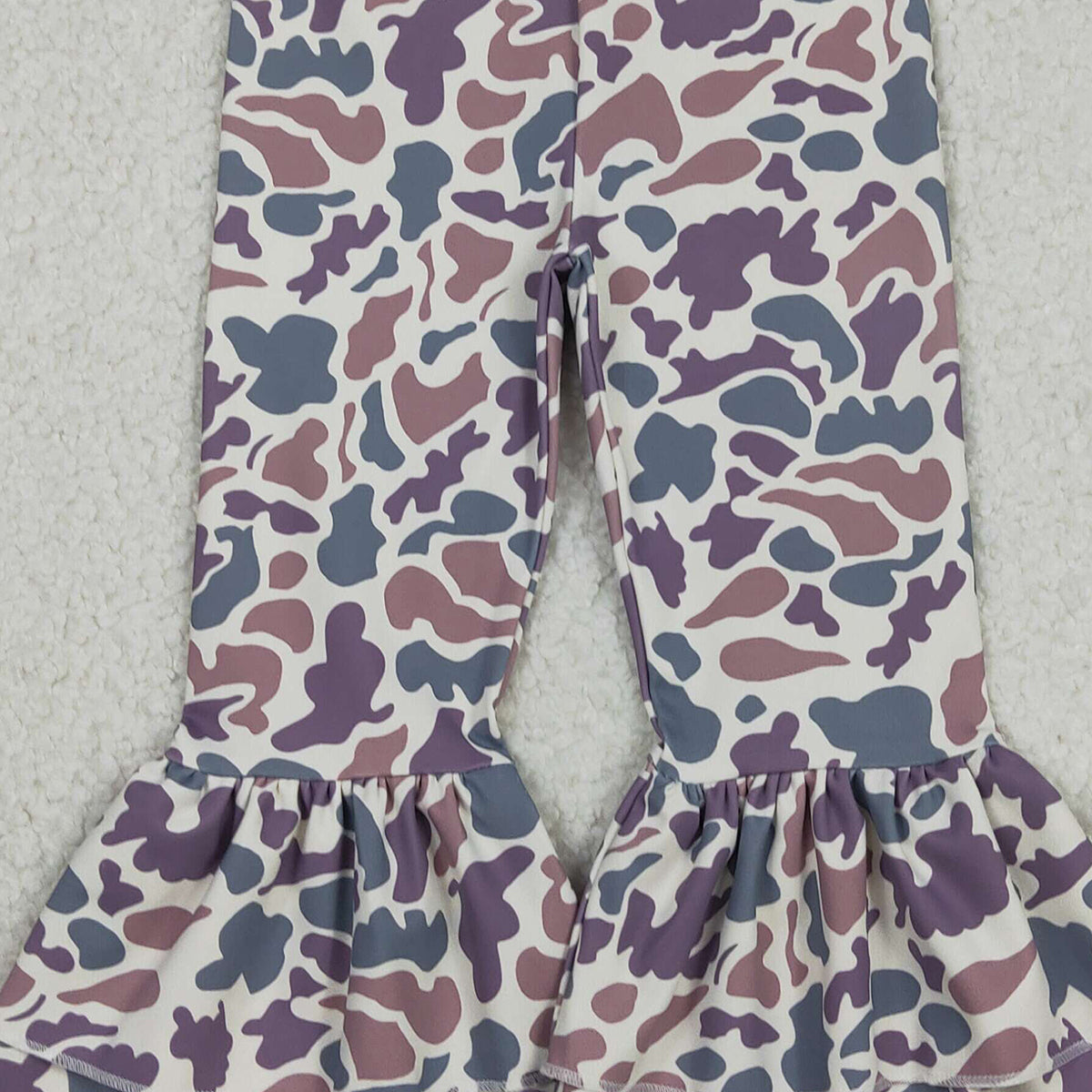 12.3 RTS NO MOQ （In stock）P0891 Baby Girls Lavender Camo Yoga Active Ruffle Bell Bottom Pants