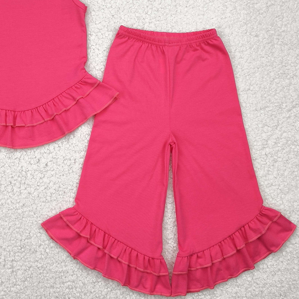 GSPO2009RTS NO MOQ Baby Girls Spring Outfits Kids Girls Hot Pink Sleeveless Ruffle Top Pants Set - Elegant Casual Outfit for Young Fashionistas