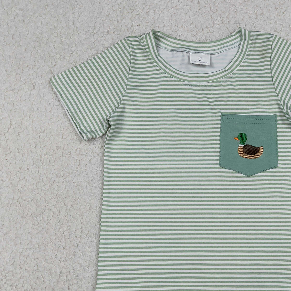 12.25 RTS NO MOQ （In stock）BT1557 Embroidery Duck Baby Boys Green Stripe Pocket Hunting T-shirts Top