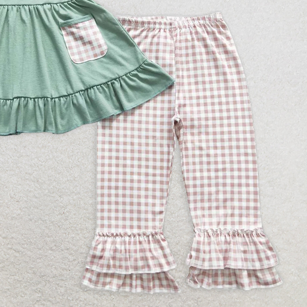 GSPO0827 RTS NO MOQ Baby Girls Spring Outfits god is great offset turkey pocket green short sleeve plaid trousers suit