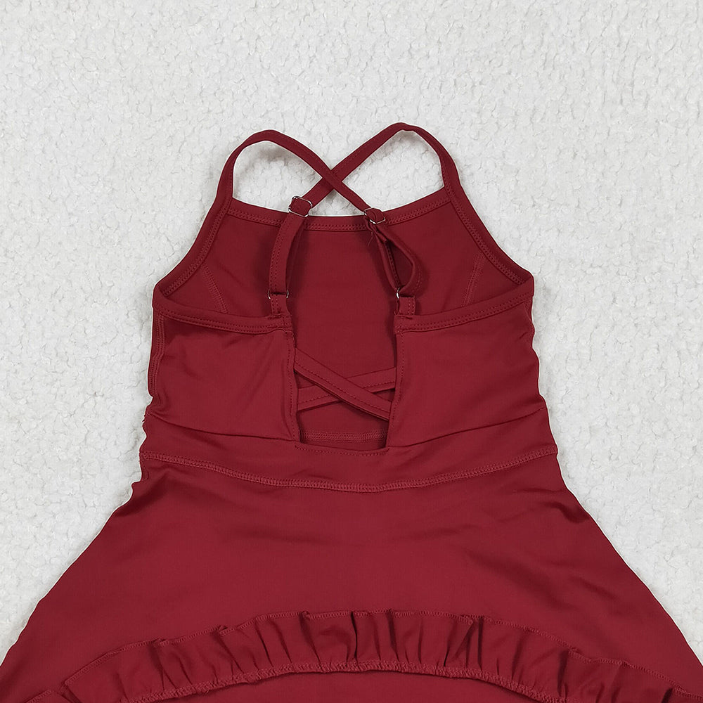 USA Shop (in stock)S0568 Baby Girls Summer Yoga Dress Baby Girls Dark Red Strap Shorts Yoga Knee Length Athletic Dresses