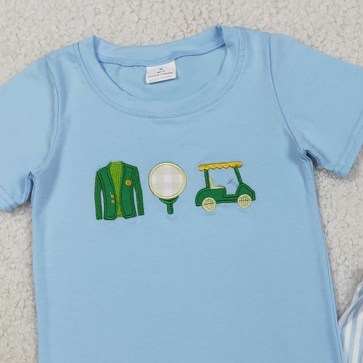 1.27 RTS NO MOQ （In stock）BSSO1696 Embroidery Golf Trucks Baby Boys Shirts Top Stripe Shorts Clothes Sets
