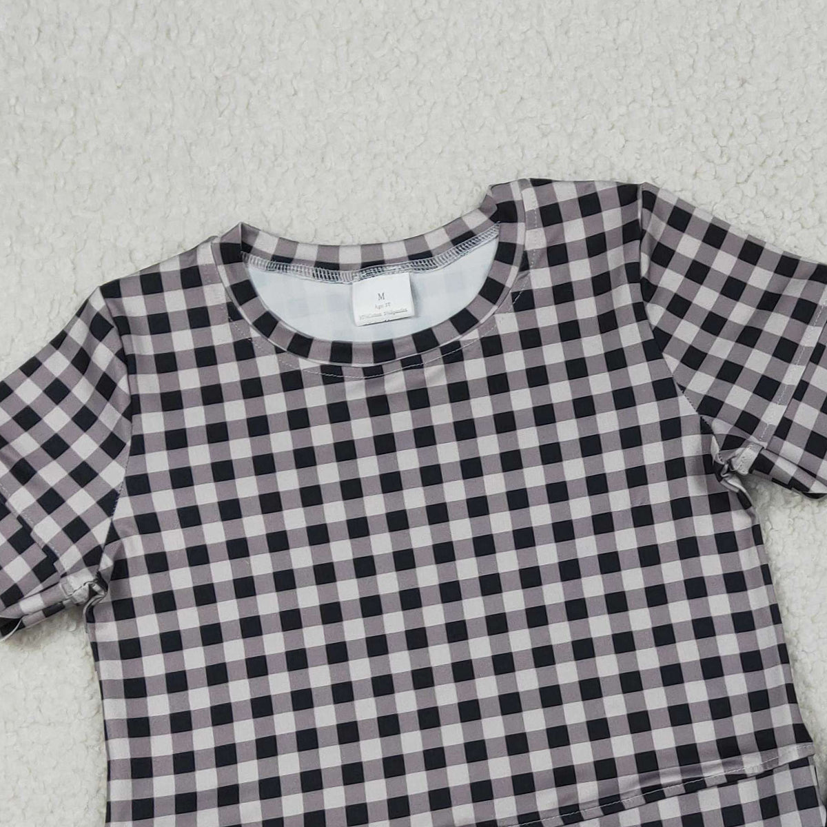 3.27 RTS NO MOQ （In stock）GSSO3182 Kids Clothing for Baby Girls Short Sleeve  Black Checked Top Shorts Scallop Clothes Sets