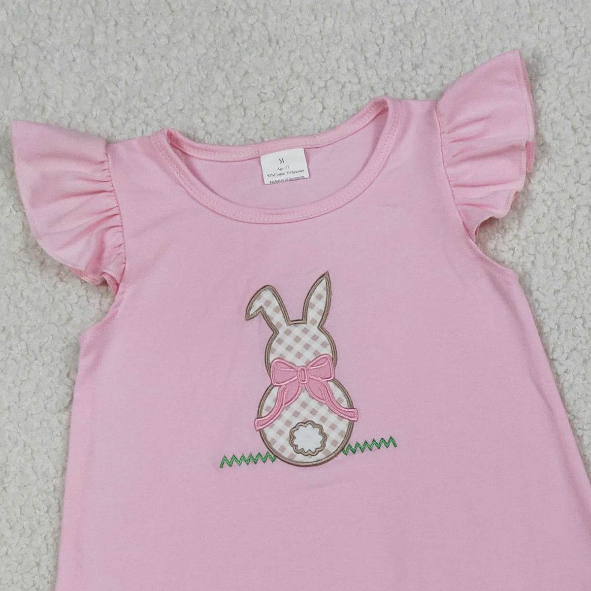 3.19 RTS NO MOQ （In stock）GSSO0374 Kids Clothing for Baby Girls Flutter Sleeve Embroidery Rabbit  Pink Tunic Checked Ruffle Shorts Easter Sets