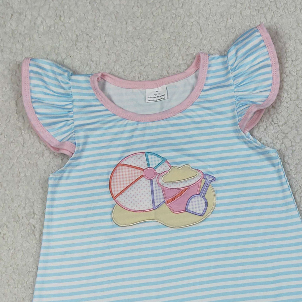 4.7 GSSO3109 RTS NO MOQ （In stock ）Embroidery Beach Baby Girls Blue Stripe Tunic Pockets Shorts Clothes Sets