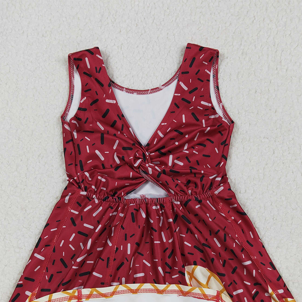 RTS NO MOQ （In stock）GSD2749 Baby Girls Summer Yoga Dress Baby Girls Dark Red Drip Sleeveless Shorts Team Yoga Active Knee Length Dresses