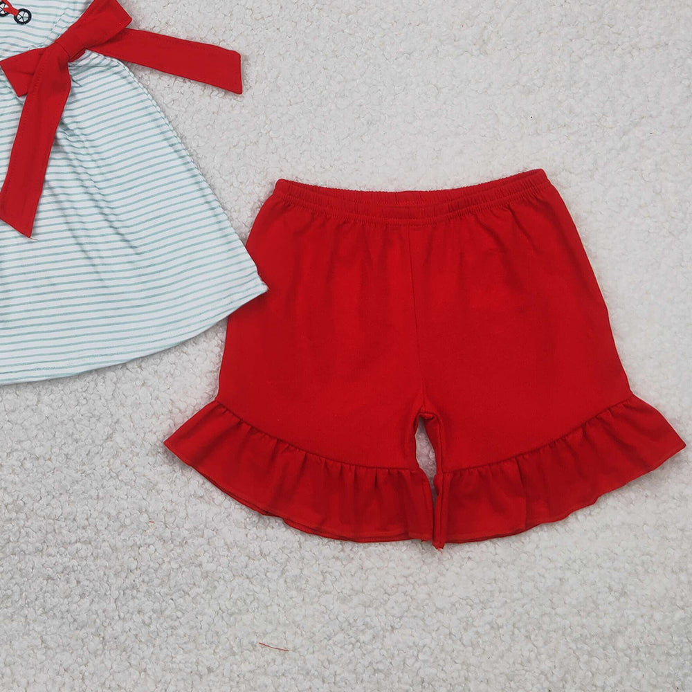 5.17  GSSO2404 RTS NO MOQ Baby Girls Summer Outfits Embroidery Baby Girls Red Flutter Sleeves Trucks Bows Tunic Red Ruffle Short Set