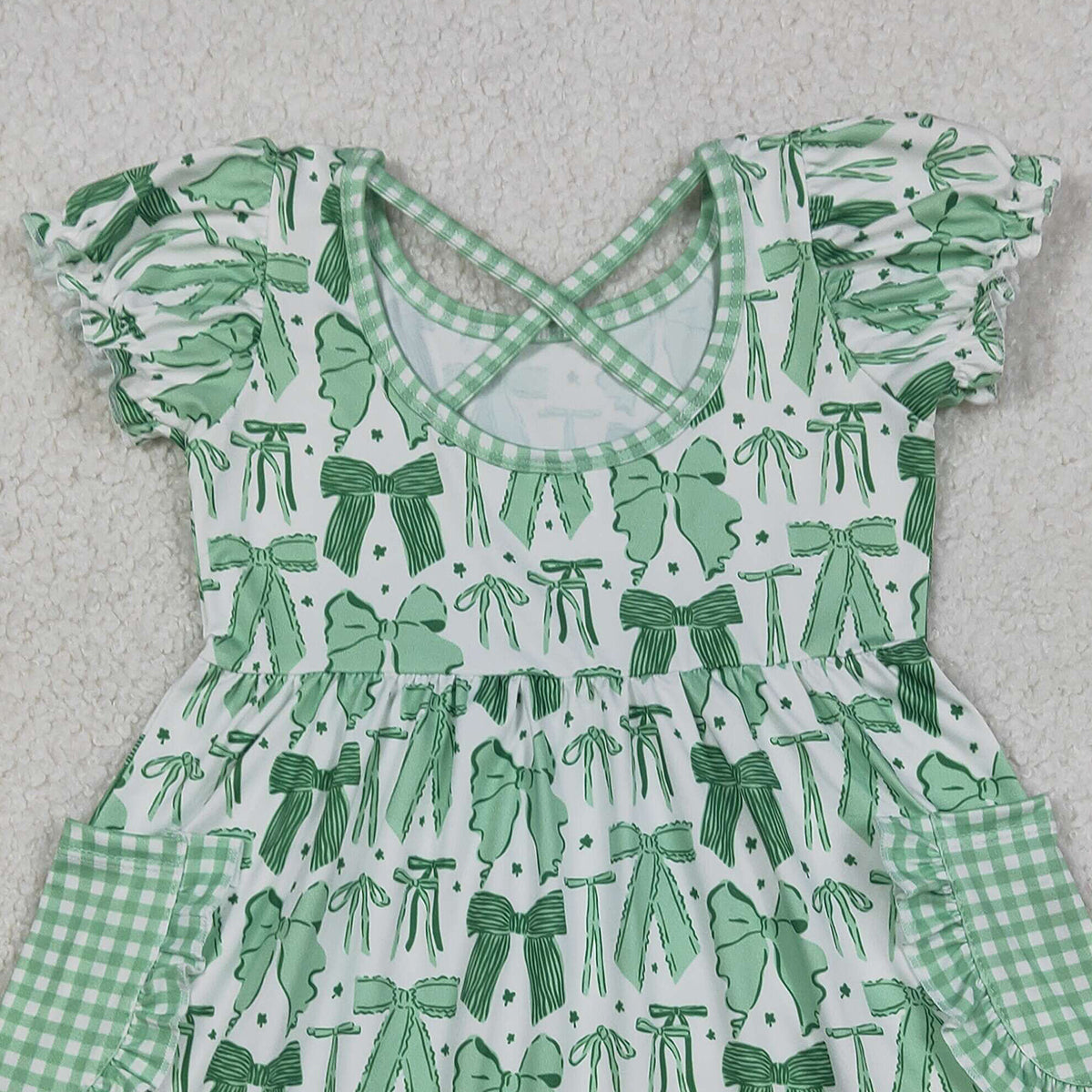 12.5 RTS NO MOQ （In stock）GSD2903 Baby Girls Green Clovers Bows St Patrick Pockets Knee Length Dresses