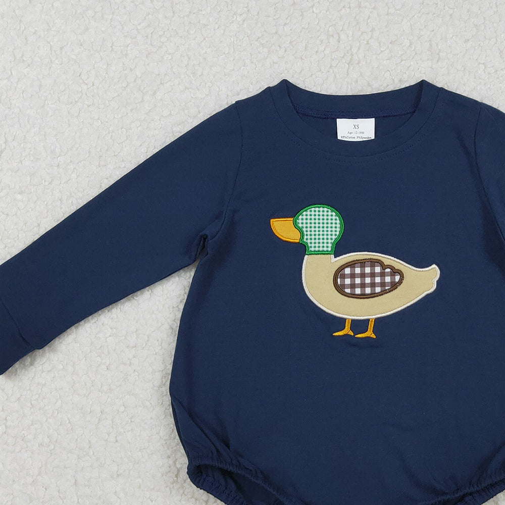 RTS NO MOQ （In stock）LR2436 Baby Boys Winter Rompers Navy Long Sleeves Duck Hunting Romper for Baby Boy