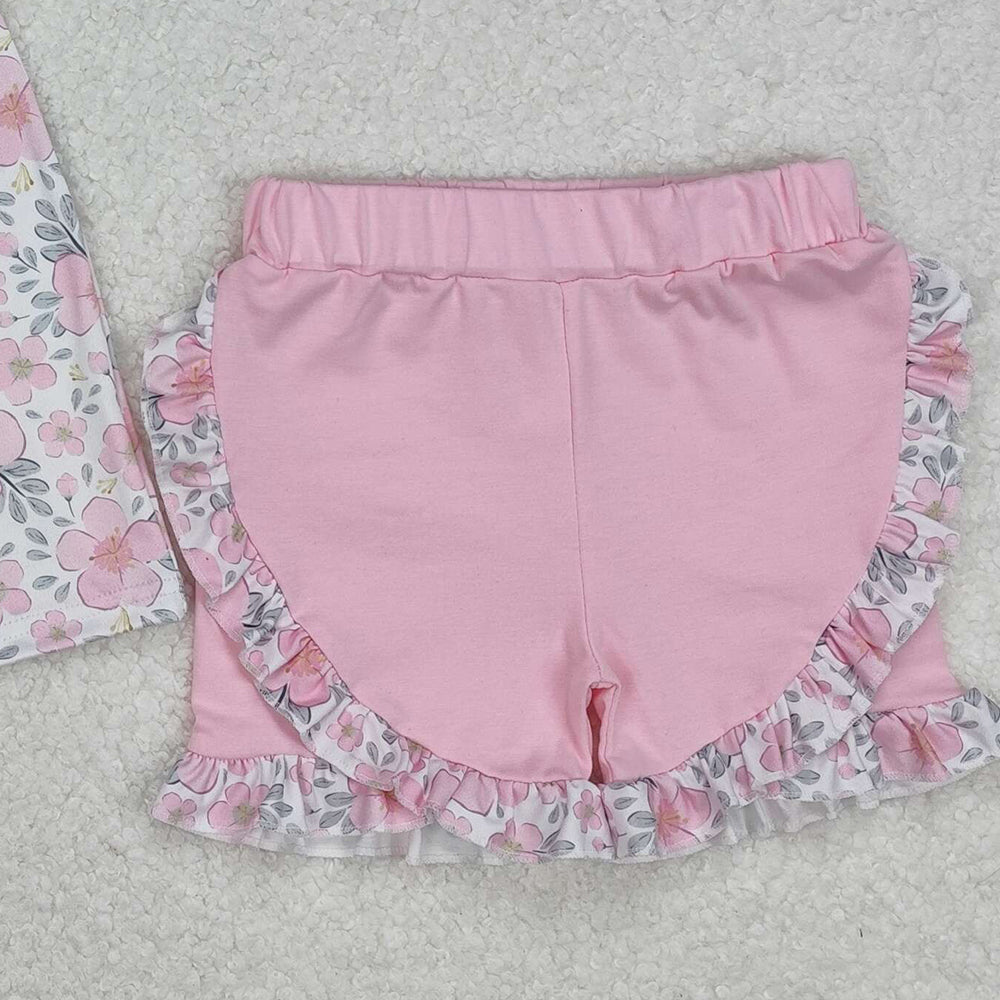 GSSO2194Girls Outfit Short Sleeve Pink Floral Tunic Top with Ruffle Shorts Set Cute Children's Clothing for Ages 5-12