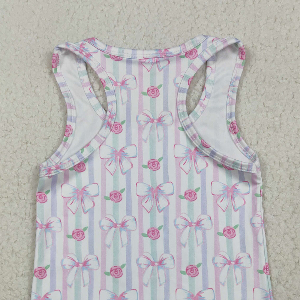 RTS NO MOQ （In stock）GT1014 Baby Girls Summer Yoga Tops Baby Girls Sleeveless Lavender Bows Flowers Stripe Yoga Shirts Tops