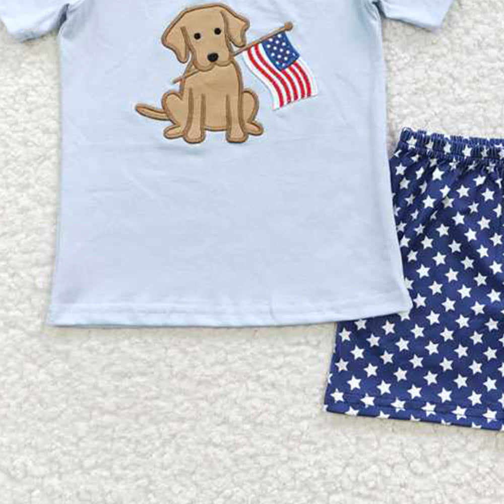 BSSO0227Boy's 4th of July Outfit Dog Flag Embroidery Shirt with Stars Shorts Patriotic US Independence Day Children's Clothing