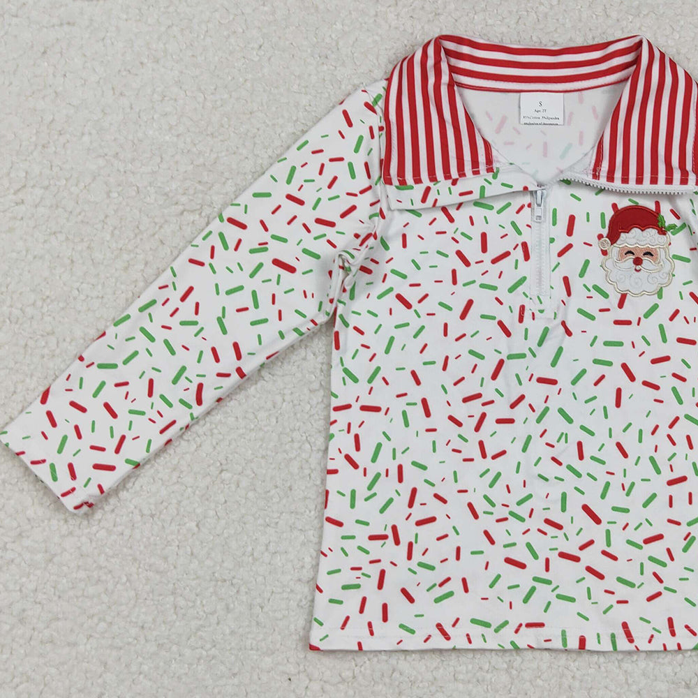 RTS NO MOQ （In stock）BT1294 Baby Boys Long Sleeve Tops Embroidery Santa  Red Green Spinkles Zipper Pullovers Top