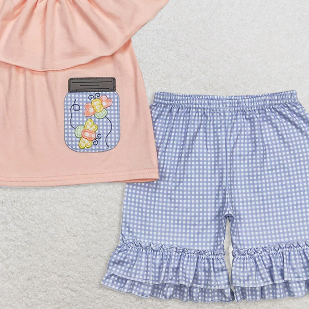 GSSO0682RTS NO MOQ Baby Girls Summer Outfits  Embroidered bee pink and orange lace top and blue plaid shorts set