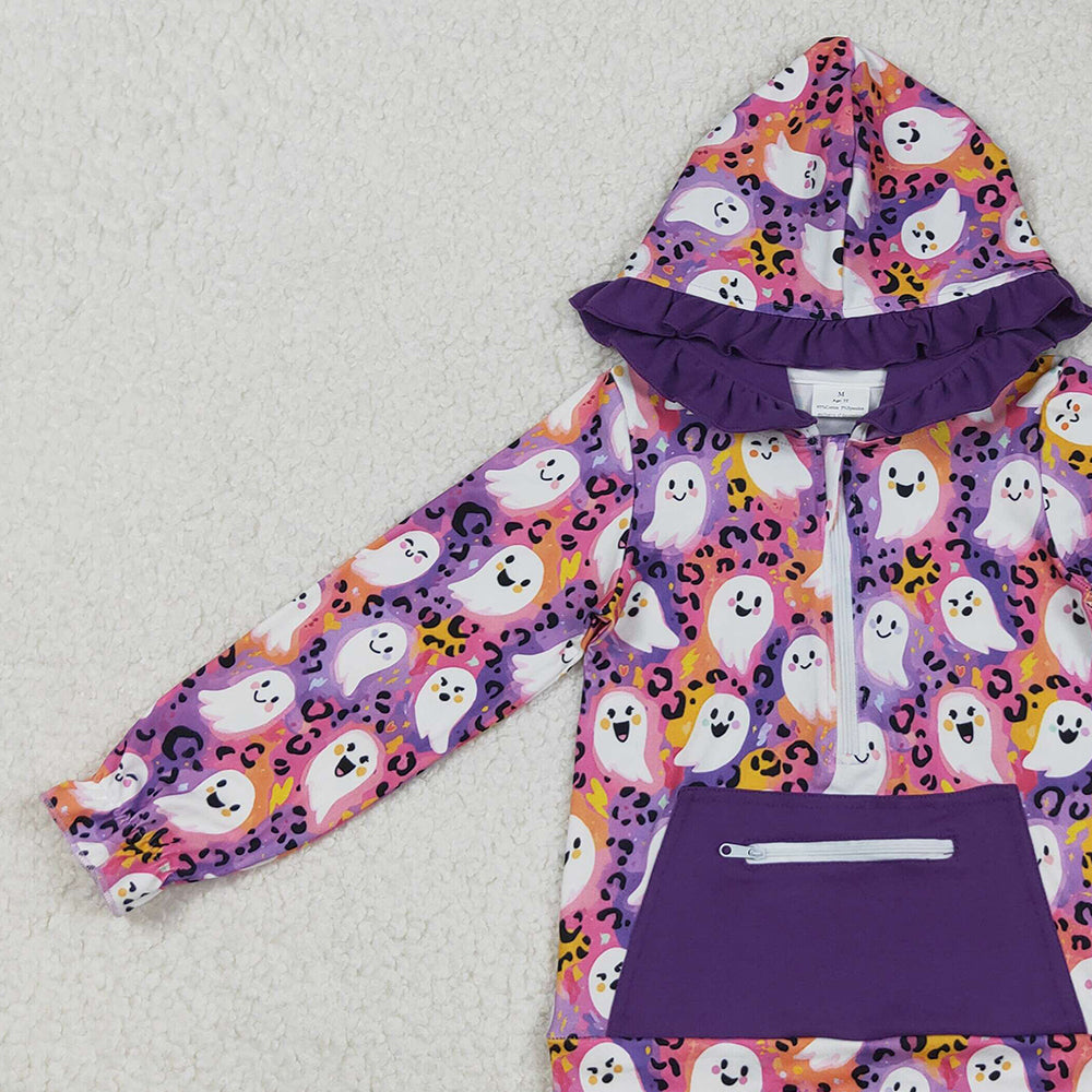 RTS NO MOQ （In stock）GT1155 Baby Girls Long Sleeve Tops Leopard Ghost Halloween Zipper Hoodie - Pocket Detail Top for Halloween