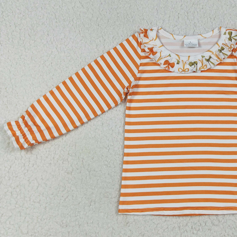 RTS NO MOQ （In stock）GT1074 Baby Girls Long Sleeve Tops Baby Girls Long Ruffle Sleeves Orange Stripes Tee Shirts Tops
