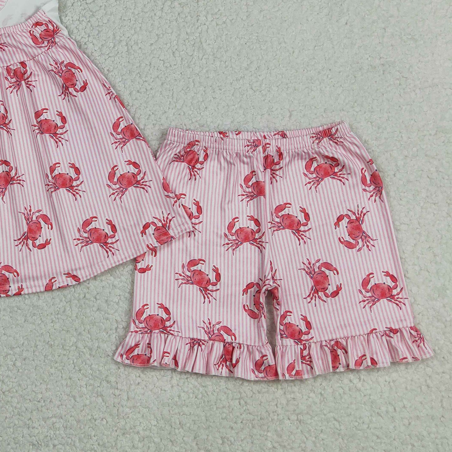 GSSO3066 RTS NO MOQ （In stock ）Flutter sleeves stripe crab tunic shorts girls outfits