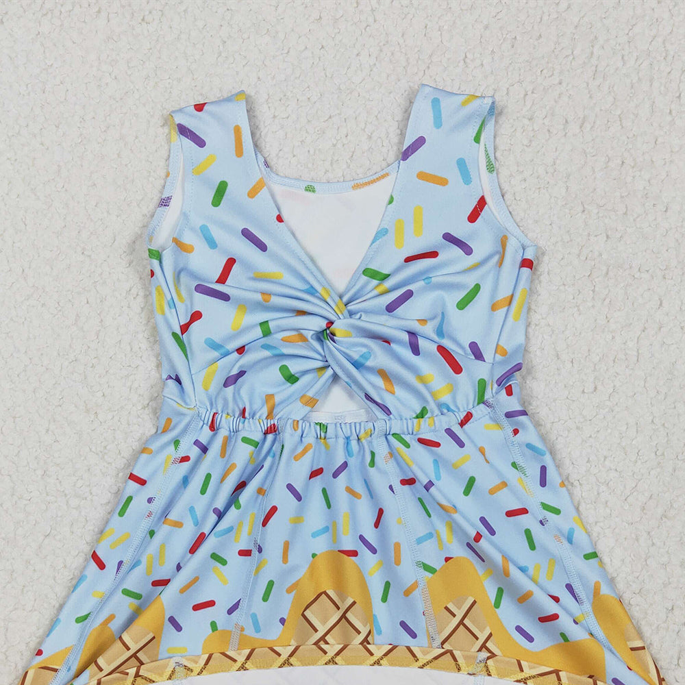7.14 GSD2415RTS NO MOQ Baby Girls Summer Yoga Dress Baby Girls Blue Ice-cream Drip Yoga Skort Knee Length Dresses