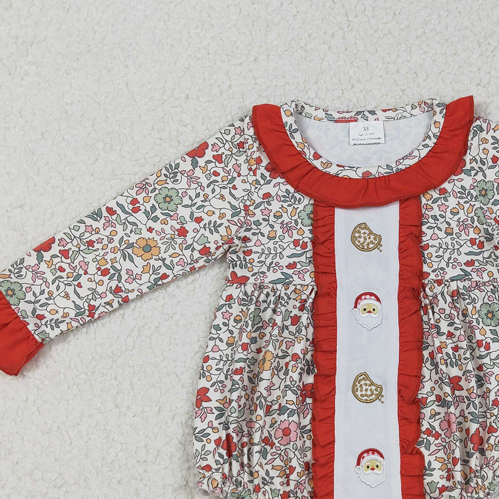 RTS NO MOQ （In stock）LR2232 Baby Girls Winter Rompers Floral Santa Cookie Baby Girls Christmas Romper Holiday Outfit for Infants