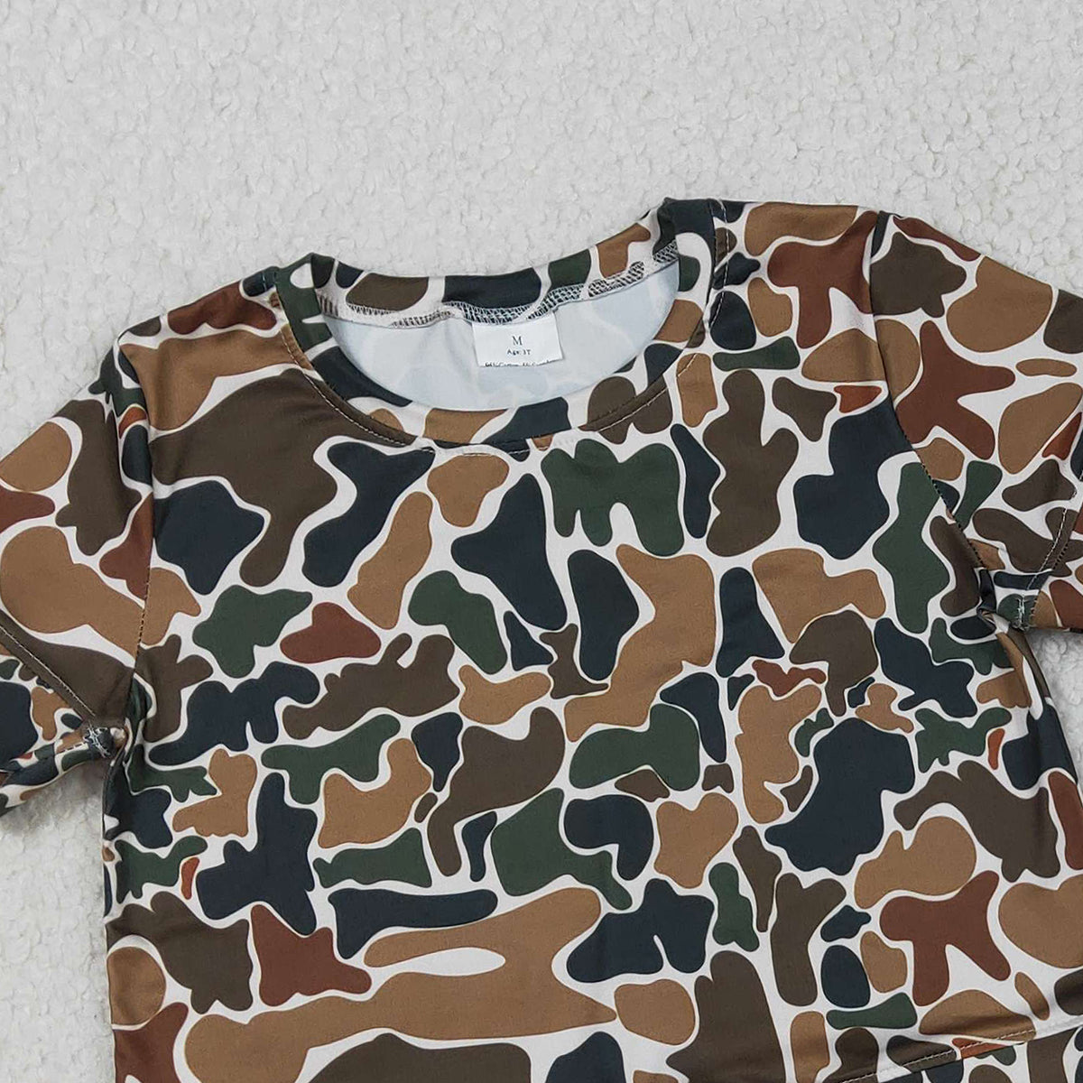 3.14 RTS NO MOQ （In stock）GSSO3228 Fashion Clothing For Baby Girls Short Sleeve Dark Brown Camo Top Scallop Shorts Clothes Sets