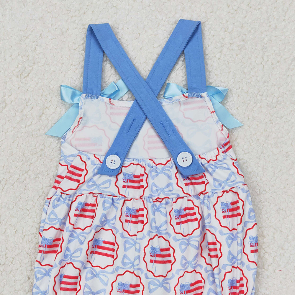 4.24 SR2691 RTS NO MOQ Blue straps bow flag baby girls 4th of july romper