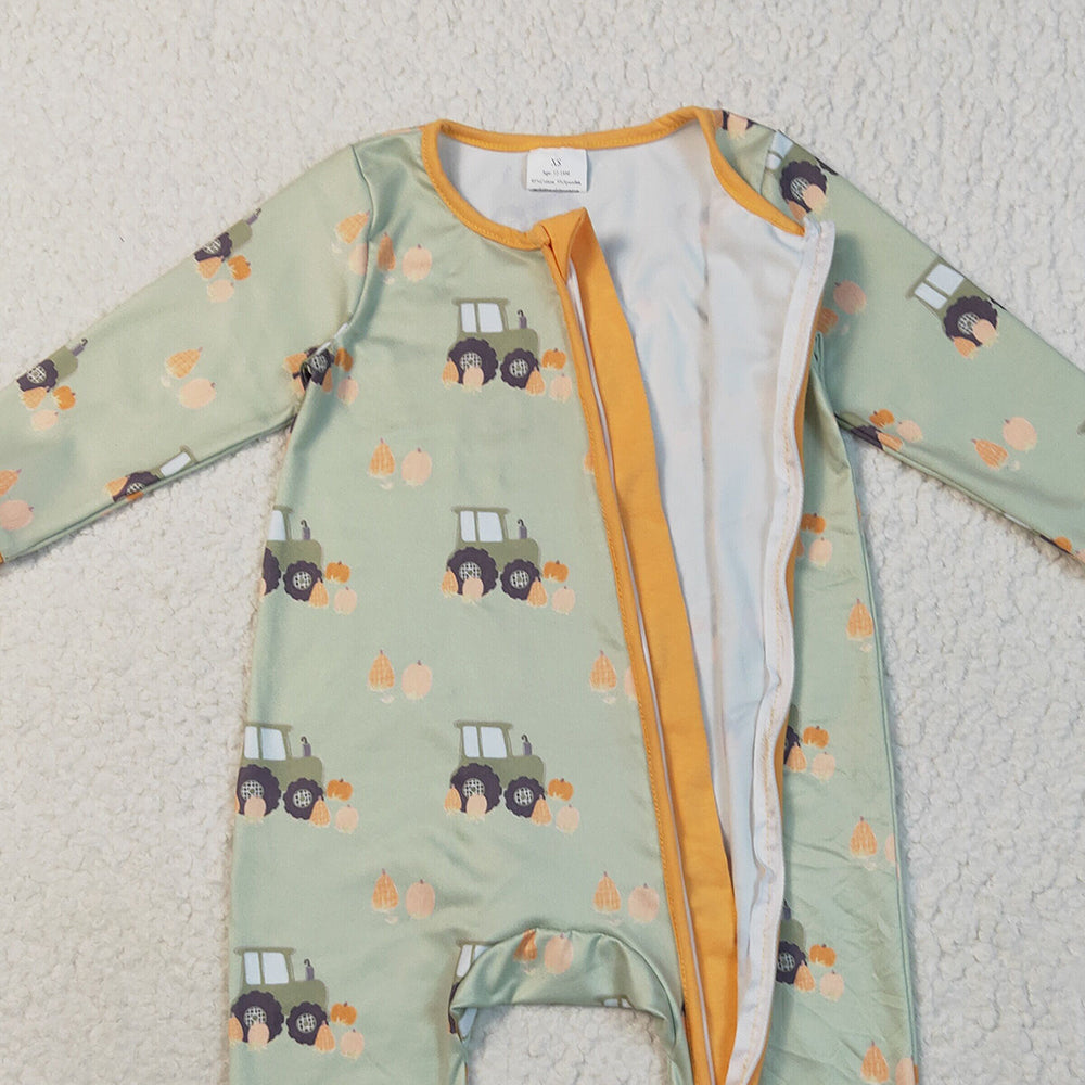 RTS NO MOQ （In stock）LR2335 Baby Boys Winter Rompers Baby Boys Green Long Sleeves Pumpkins Trucks Zipper Rompers