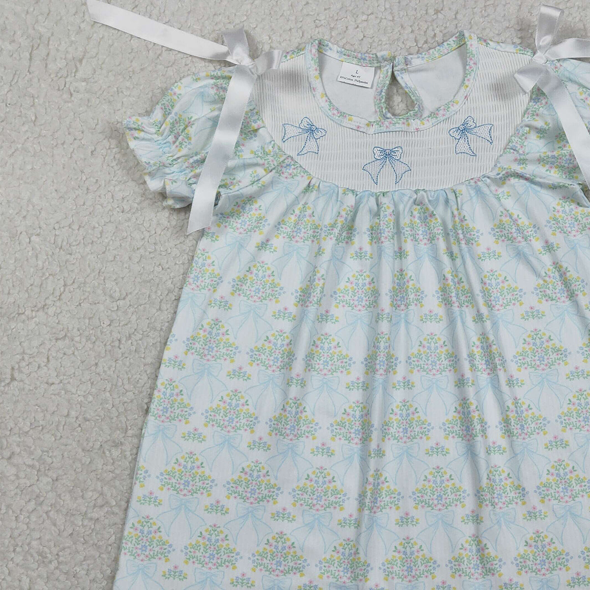 1.31 RTS NO MOQ （In stock）GSD3046 Smocked Bows Baby Girls Flowers Short Ruffle Sleeve Knee Length Dresses