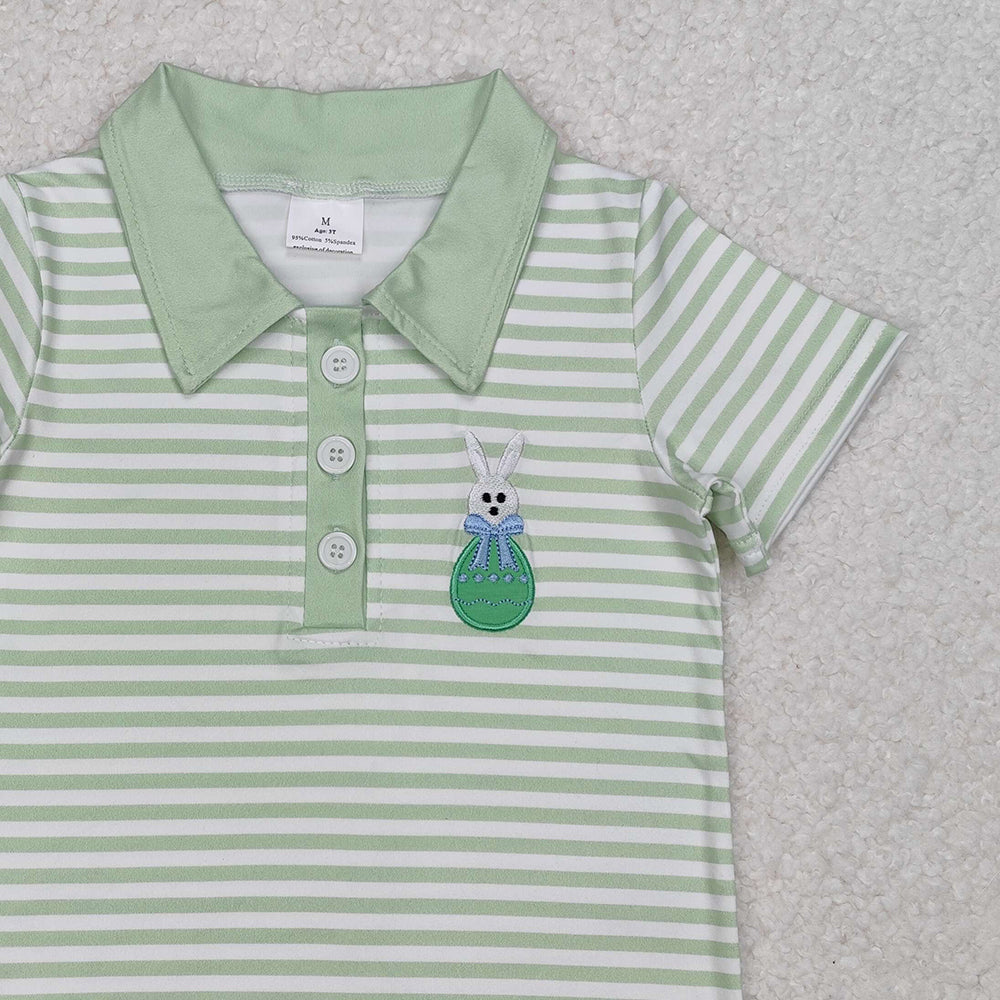BT1046Kids Boys Easter Polo Shirt Short Sleeves Green Stripe Bunny Design Casual Fashionable Top for Children