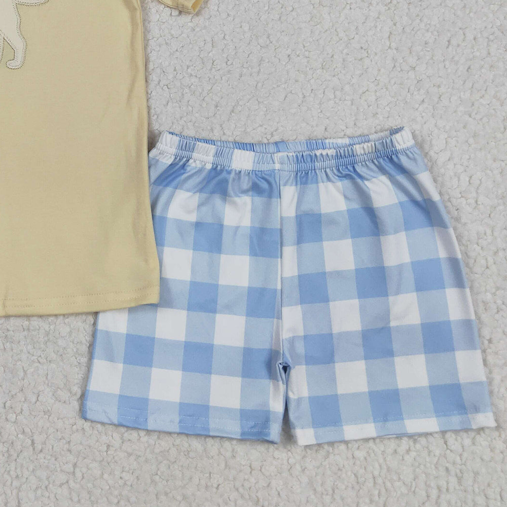 BSSO1058RTS NO MOQ Baby Boys Summer Boys Outfits Baby Boys Yellow Dog Top Checkered Shorts Clothes Sets Preorder