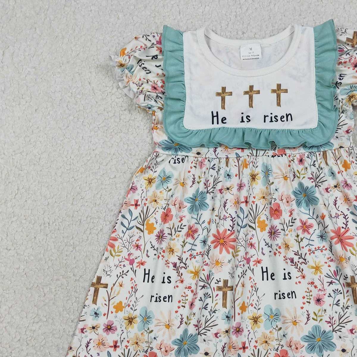 1.16 RTS NO MOQ （In stock）GSD3504 Baby Girls Crosses He is Risen Flowers Easter Knee Length Dresses