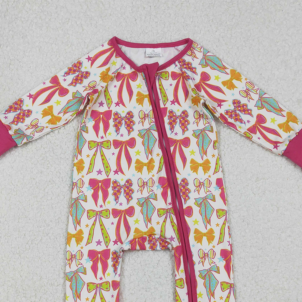 RTS NO MOQ （In stock） LR2468 Baby Girls Winter Rompers Long Sleeves Colorful Bows Stars Zipper Pant Rompers