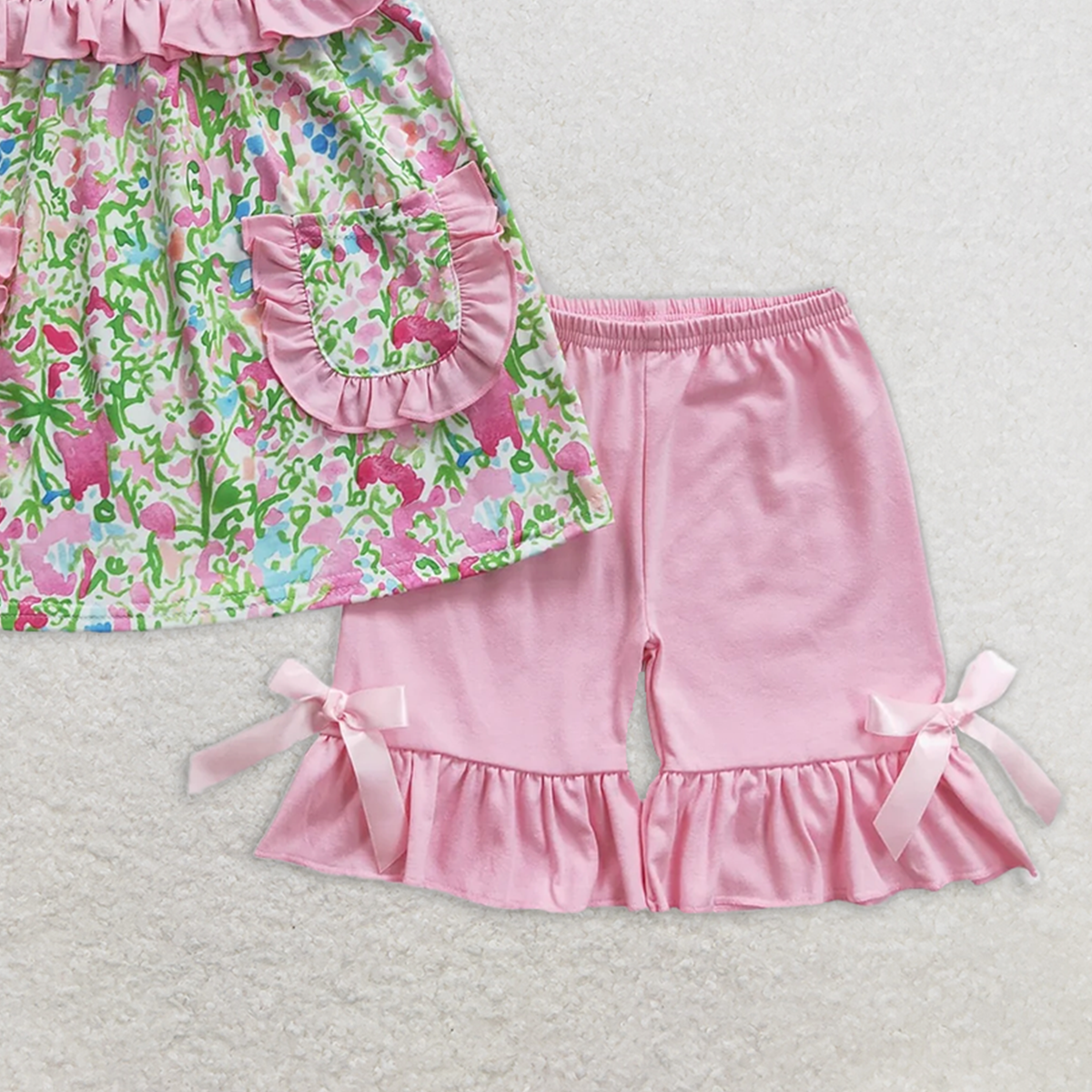 7.18   GSSO0338 RTS NO MOQ Baby Girls Summer Outfits Floral Pink Lace Pocket Sleeveless Shorts Set