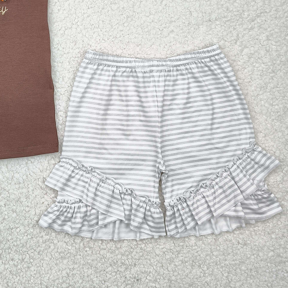 6.09    GSSO2353 RTS NO MOQ Baby Girls Summer Outfits Baby Girls Brown Flutter Sleeves Gods Country Top Ruffle Stripe Short Set