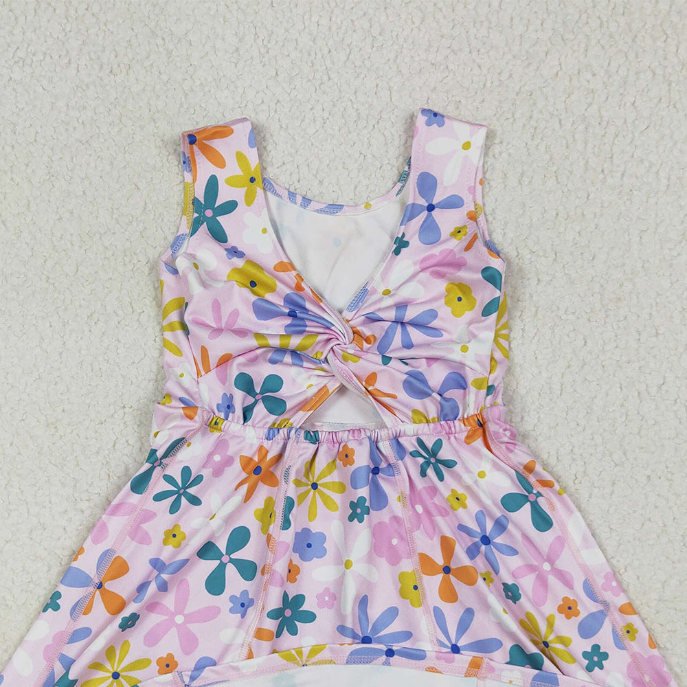 GSD2113 RTS NO MOQ Baby Girls Summer Yoga Dress Baby Girls Pink Colorful Flowers Yoga Active Wear Skort Knee Length Dresses