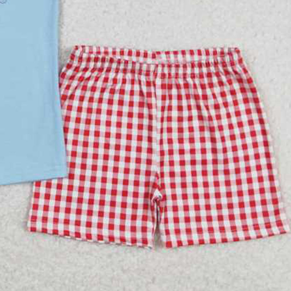 BSSO0377 New Rts No Moq 8-9 Days By Air Arrived it Back the Red Dog Plaid Shorts Kids Boys Outfits Top Matching Set Boys Clothing Plaid Pattern Comfortable Fit for Children