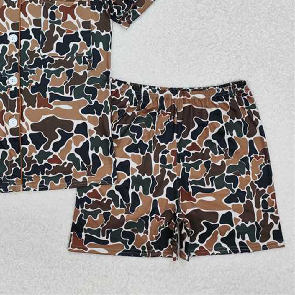 GSSO1538 Women's Dark Camouflage Summer Pajamas Button-Down Long Sleeve Sleepwear Adult Comfortable Soft Cotton Camo Print Nightgown