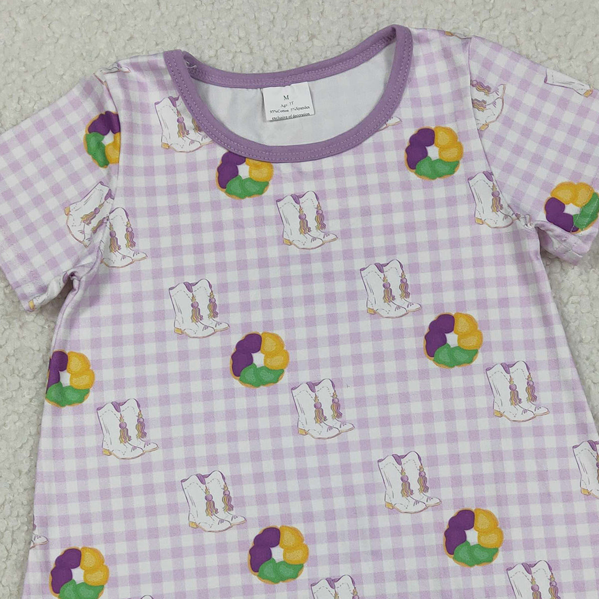 12.10 RTS NO MOQ （In stock）GSD2900 Baby Girls Mardigras Boots Donuts Checked Ruffle Knee Length Dresses