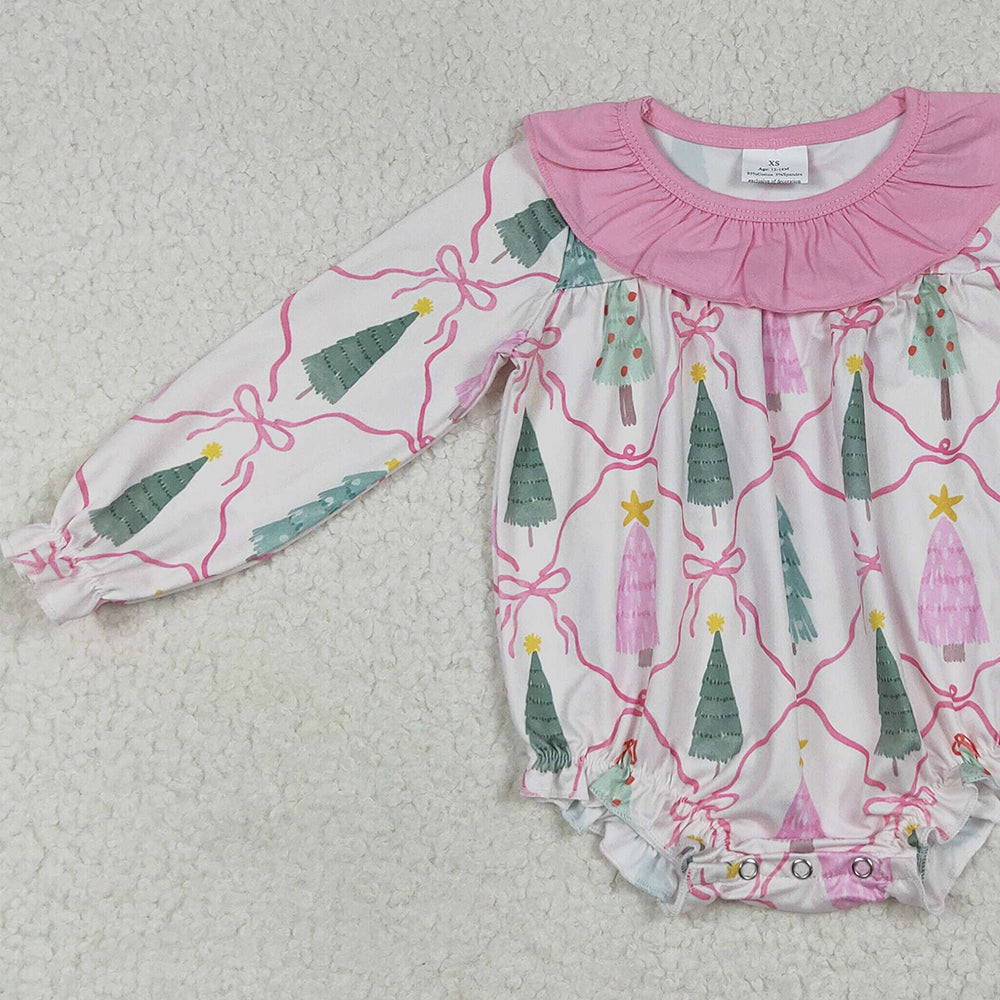 LR2275 RTS NO MOQ Baby Girls Winter Rompers Baby Girls Long Sleeves Pink Bows Trees Plaid Ruffle Rompers