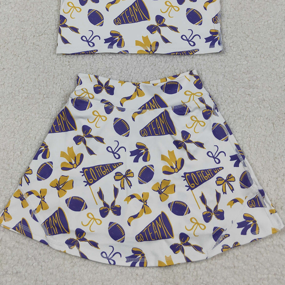 RTS NO MOQ （In stock）GSD2690 Baby Girls Yoga Sets Baby Girls Purple Footballs Bows Plaid Vest Top Skorts Team Yoga Active Set
