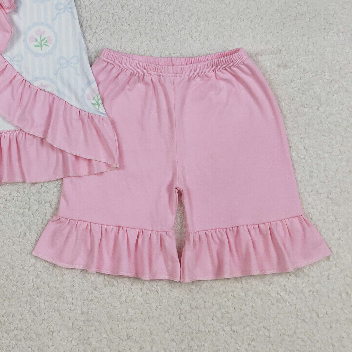 12.6 RTS NO MOQ （In stock）GSSO2732 Baby Girls Flowers Stripe Back Bows Tunic Ruffle Shorts Clothes Sets