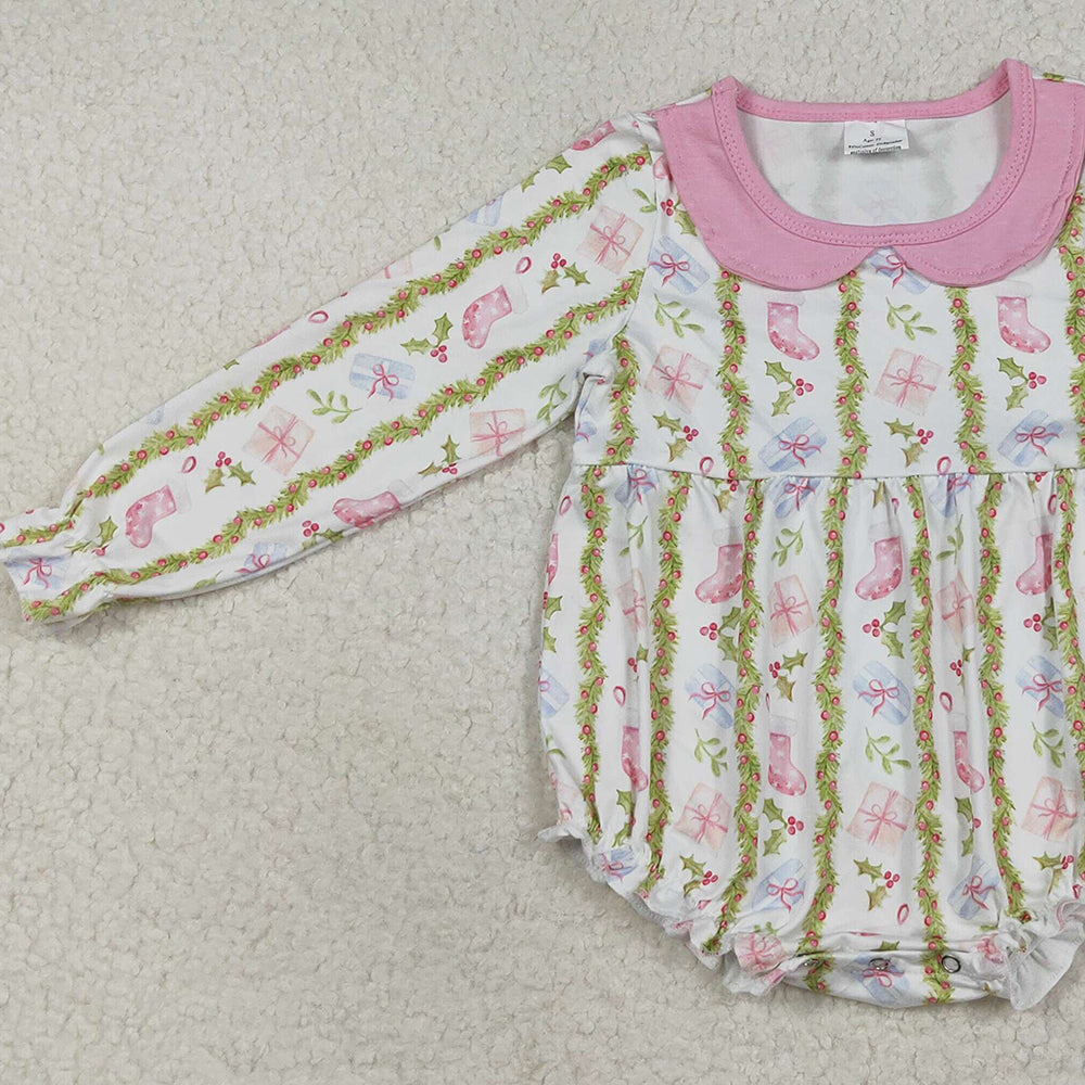 RTS NO MOQ （In stock）LR2324 Baby Girls Winter Rompers Baby Girls Christmas Gifts Floral Stripe Ruffle Rompers