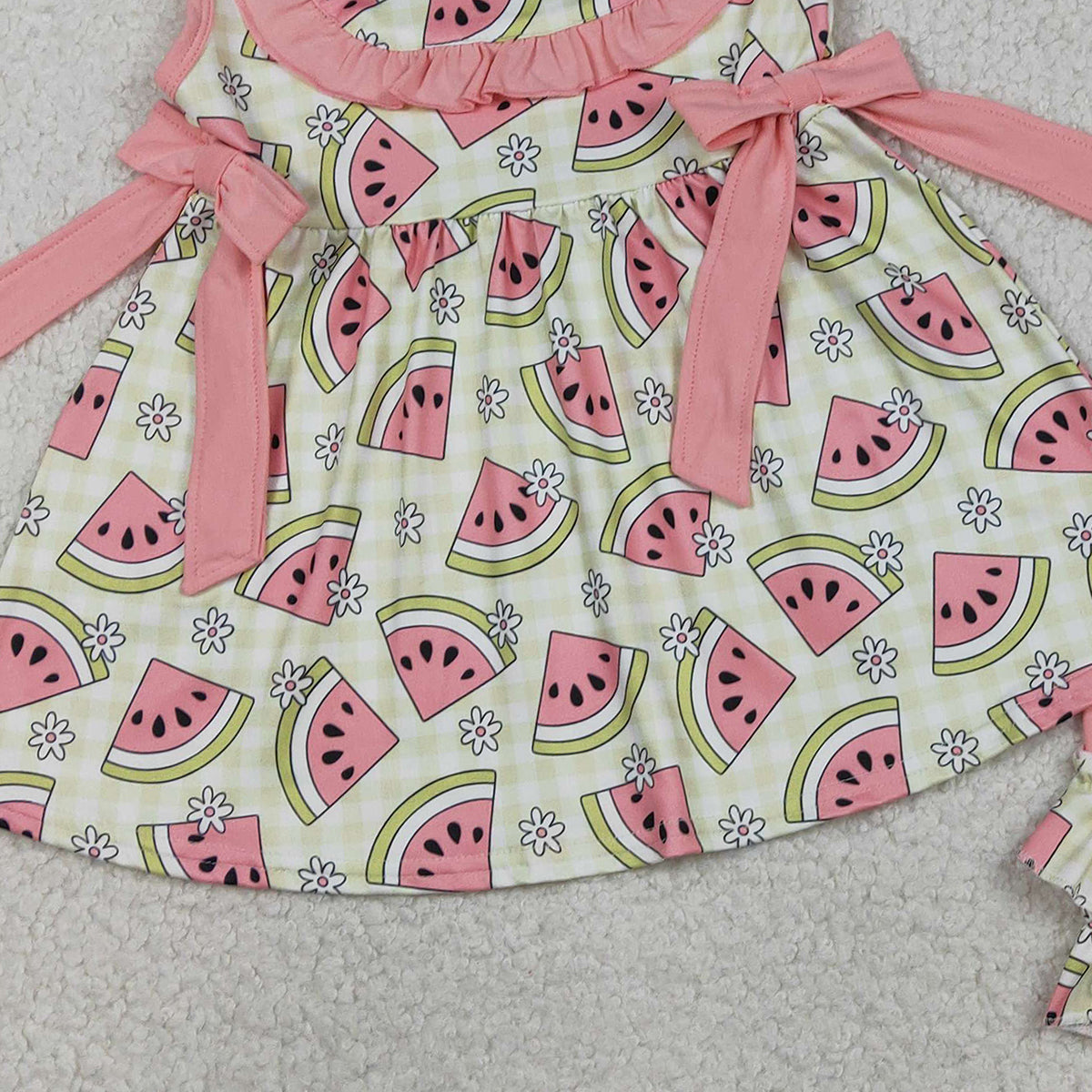 2.4 RTS NO MOQ （In stock）GSSO3118 Baby Girls Green Checked Flowers Watermelons Tunic Ruffle Shorts Clothes Sets