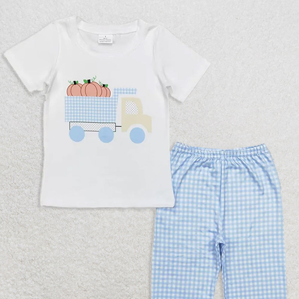 BSPO0398RTS NO MOQ Baby Boys Spring Outfits  Baby Boys Short Sleeve Pumpkin Tractor Top Pants Clothes Sets
