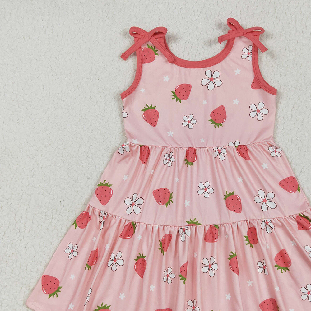 GSD2159RTS NO MOQ Baby Girls Summer Dress Strawberry Floral Patchwork Dress Sleeveless for Baby Girls Cute Print Summer Casual Wear for Little Girls