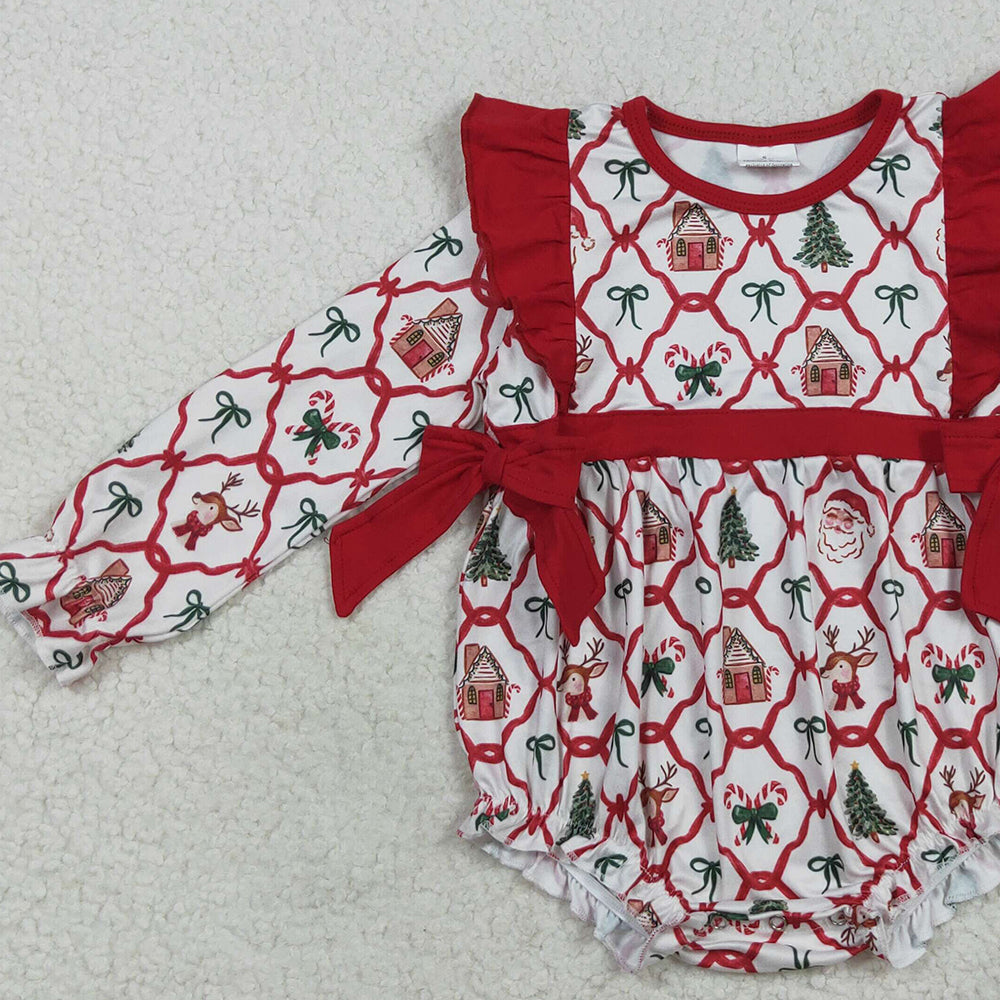 RTS NO MOQ （In stock）LR2352 Baby Girls Winter Rompers Baby Girls Christmas Trees Bows Ruffle Rompers