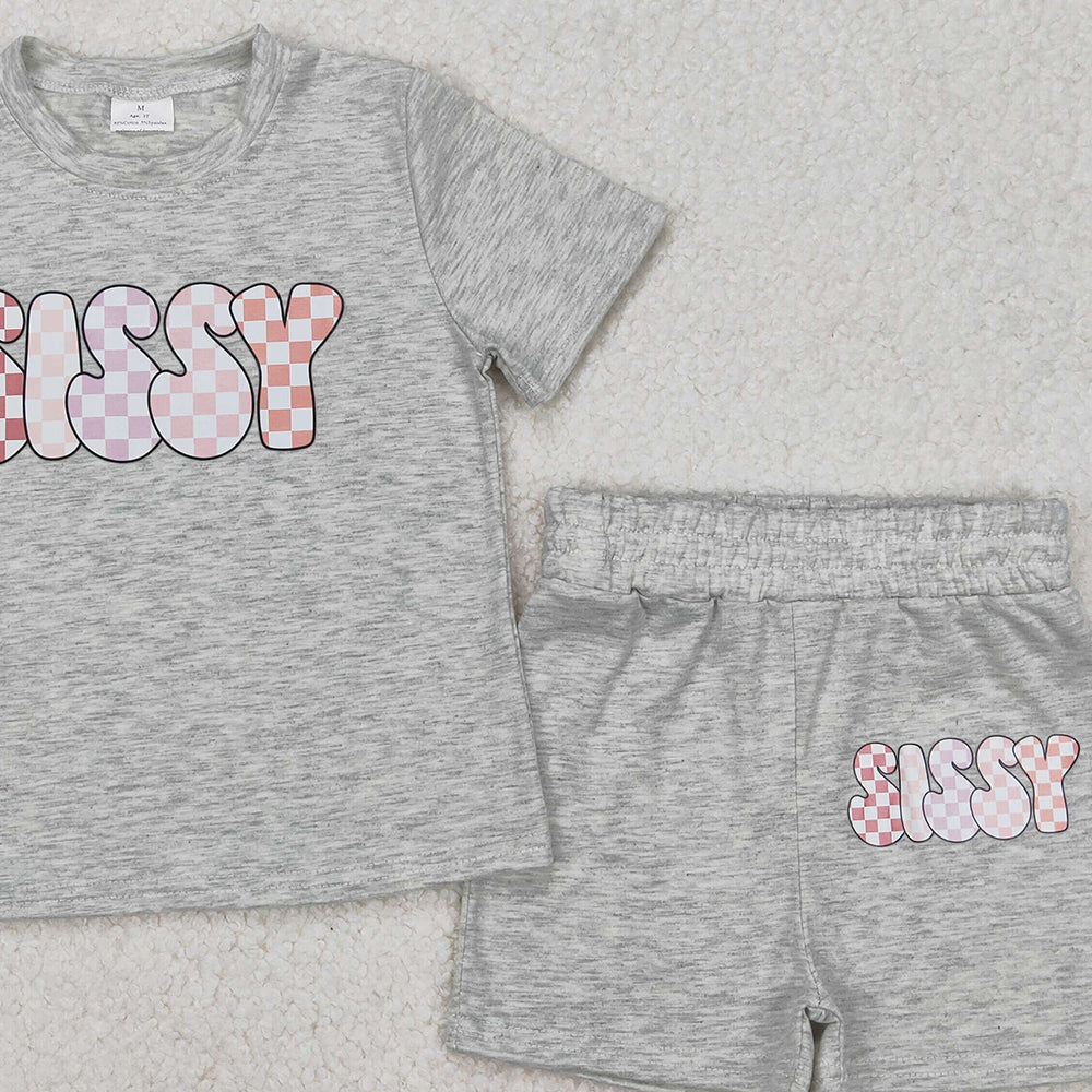 6.03  GSSO2135  New Rts No Moq 8-9 Days By Air Arrived it Grey short sleeves plaid sissy top shorts kids girls clothes